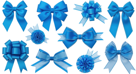A collection of blue ribbons and bows in various shapes and sizes.