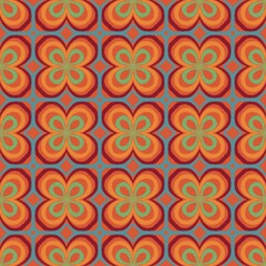 A vibrant retro pattern featuring repeating clover like shapes