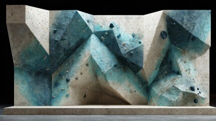 Modern textured climbing wall with turquoise panels and textured holds