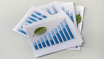 Stack of printed bar charts with green leaves, symbolizing environmental reporting, sustainable business growth, and eco-conscious financial analysis.