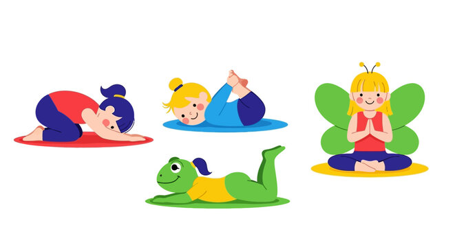Illustration of children in various yoga poses with animal props on colorful mats