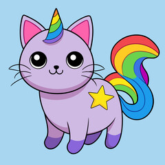 Obraz premium Cute Rainbow Unicorn Cat Cartoon Illustration on Light Blue Background