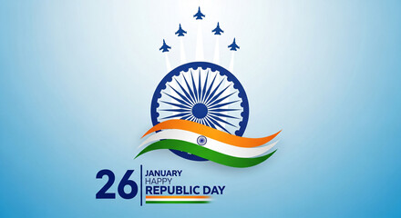 26 january republic day of india celebration with wavy indian flag and fighter jets vector