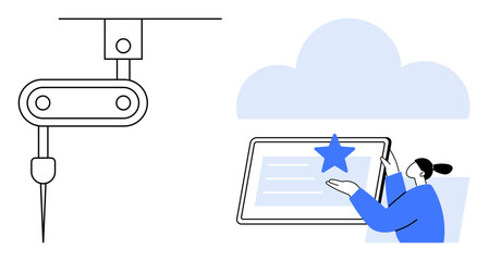 Robotic arm operating machinery alongside a woman interacting with a digital interface and star icon. Ideal for technology, innovation, AI, cloud computing, digital transformation, industry 4.0