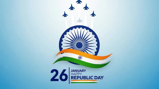 26 january republic day of india celebration with wavy indian flag and fighter jets vector
