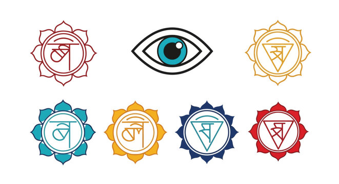 Seven colorful chakra symbols with an eye on a white background.