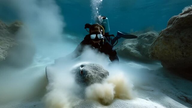 Diver Interacting with Stingray in Clear Tropical Ocean Water Underwater