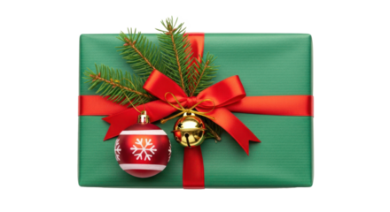 A green and red wrapped gift box with a red ribbon and a Christmas tree branch on top.