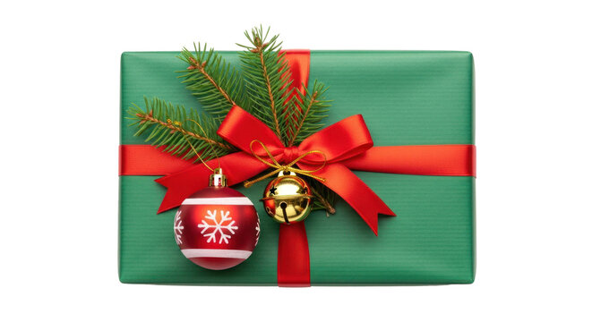 A green and red wrapped gift box with a red ribbon and a Christmas tree branch on top. - Powered by Adobe