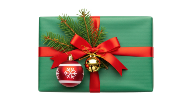 A green and red wrapped gift box with a red ribbon and a Christmas tree branch on top.