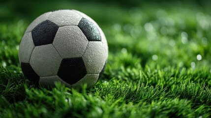 A close-up of a soccer ball resting on lush green grass, showcasing its textured surface and classic black-and-white pattern.