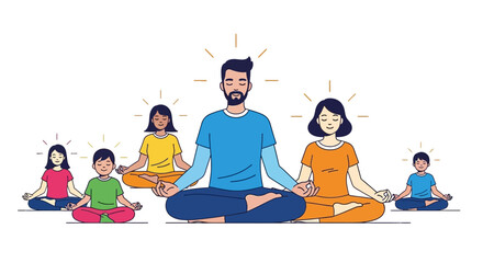 Illustration of a diverse family meditating together in a serene setting with a man in