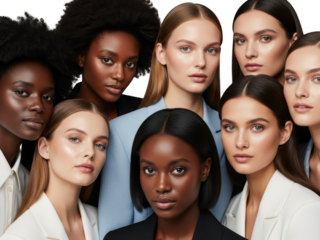 Group portrait of diverse women with flawless makeup showcasing various skin tones and beauty standards against a transparent background