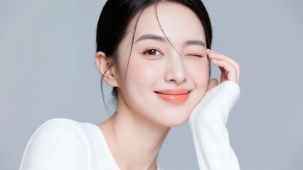 ウィンクして微笑む愛らしい白ニット姿の女性