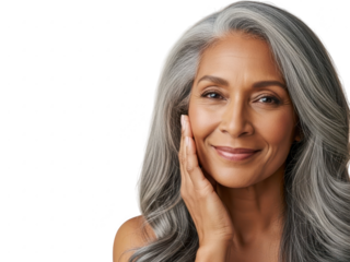 Beautiful mature african american woman with long flowing gray hair touching her cheek smiling against a transparent background isolated on transparent background