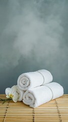Spa towels stacked on bamboo mat with steam, wellness relaxation and massage concept, vertical 9:16 social media background