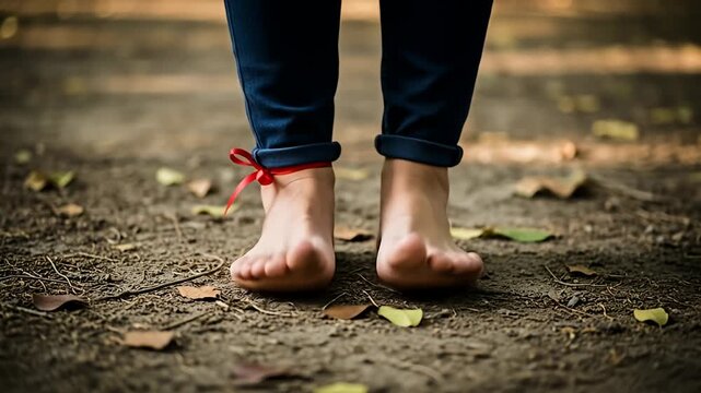 Barefoot child standing on a dirt path with a red ribbon tied around one ankle.