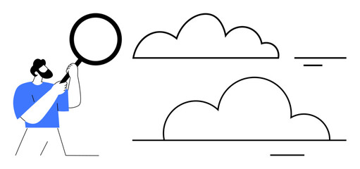 Cloud technology concept. Man using magnifying glass to examine cloud elements, data analysis and connectivity. Cloud technology explores security, storage, and networks. Great for tech, IT systems