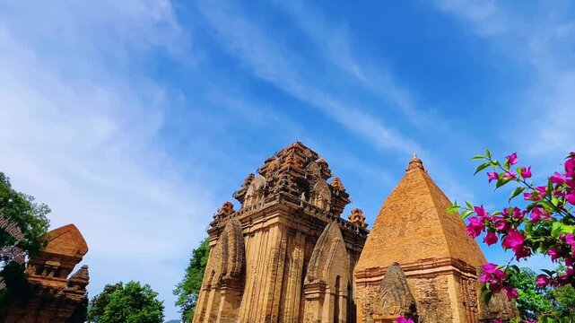 Nha Trang, Vietnam - September 17, 2025: View of the Po Nagar Cham Tower Complex, dedicated to Hindu and Buddhist deities. Close-up of the ancient temple towers. Legacy of the Champa civilization.	