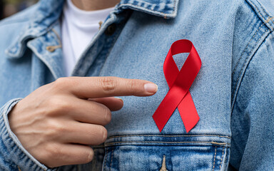 Person pointing at a red ribbon pinned to a denim jacket for aids awareness and support campaign