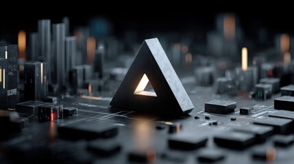 Enigmatic triangle shaped object towering over a bustling cityscape captivating urban exploration enthusiasts