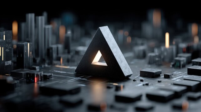 Enigmatic triangle shaped object towering over a bustling cityscape captivating urban exploration enthusiasts