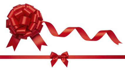 Vibrant Red Christmas Gift Bow with Curly and Straight Ribbons Isolated on a Transparent Background PNG Image