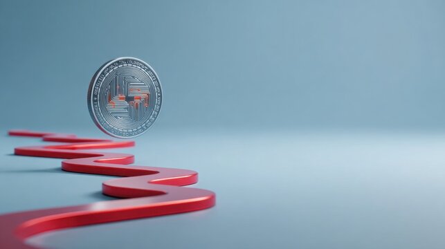 Bitcoin coin positioned on a descending red arrow symbolizing market trends and future predictions in cryptocurrency
