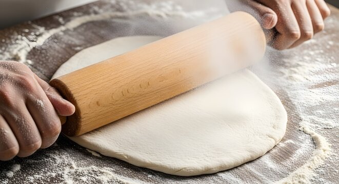 Baker rolling out pizza dough with a wooden rolling pin and flour
