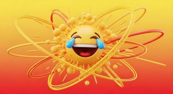 Joyful laughing emoji with crying tears, abstract yellow and red swirls