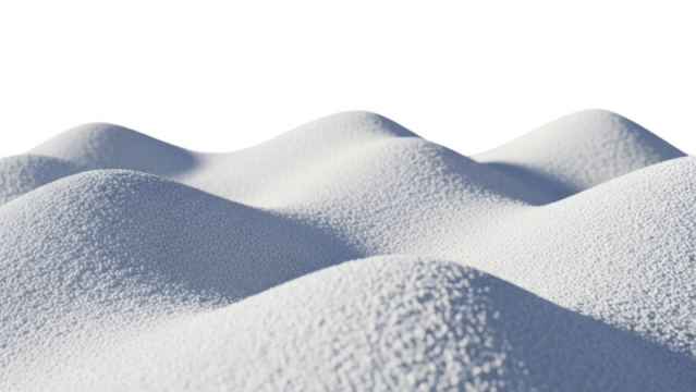 Pristine white granular snow dunes with soft shadows on a transparent background PNG image