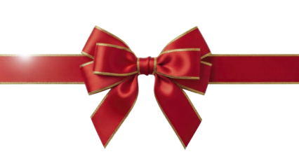  Festive red satin ribbon bow with gold trim on a transparent background, PNG file
