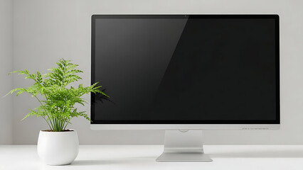 Modern computer monitor with a blank screen and a potted plant.