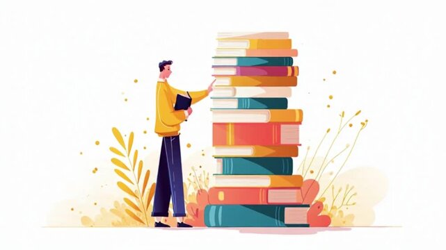 Man organizing a towering stack of knowledge books, symbolizing education, study, and academic pursuit