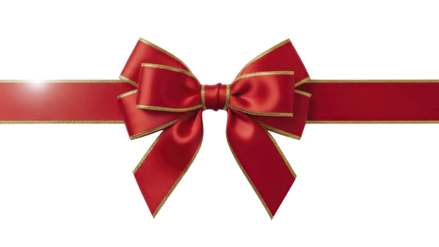  Festive red satin ribbon bow with gold trim on a transparent background, PNG file
