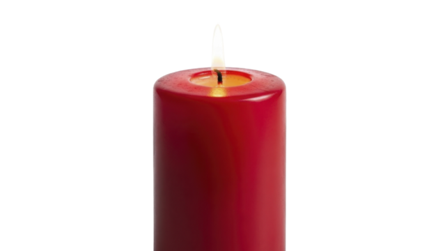  Lit red Christmas pillar candle with a glowing flame, PNG image on a transparent background