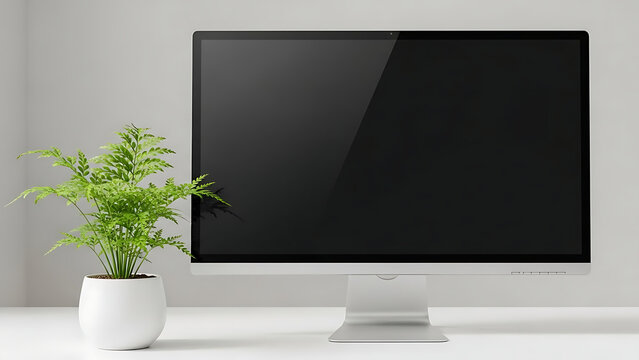 Modern computer monitor with a blank screen and a potted plant.