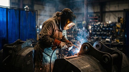 Professional female welder working on heavy machinery with dramatic sparks in industrial factory