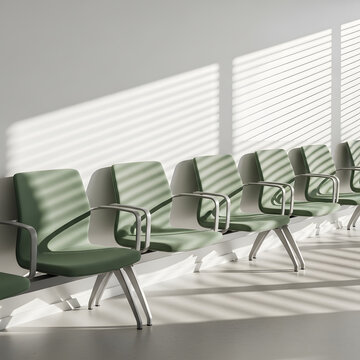 Row of empty modern green waiting room chairs in a clinic or hospital lobby. Sunlight casts strong, striped shadows from window blinds across the clean white walls and floor, creating a sense of antic