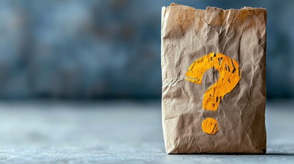 A close-up shot of a brown paper bag with a yellow question mark on a table. The background is blurred.