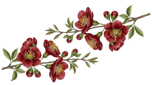 Elegant red festive floral branches with green leaves and buds on a transparent background, PNG image, PNG file