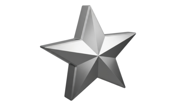  Silver metallic five pointed star on a transparent background PNG image