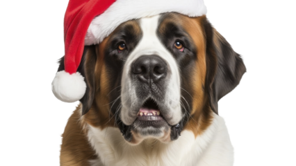 Cute St Bernard dog head with festive Santa hat on a transparent background PNG file