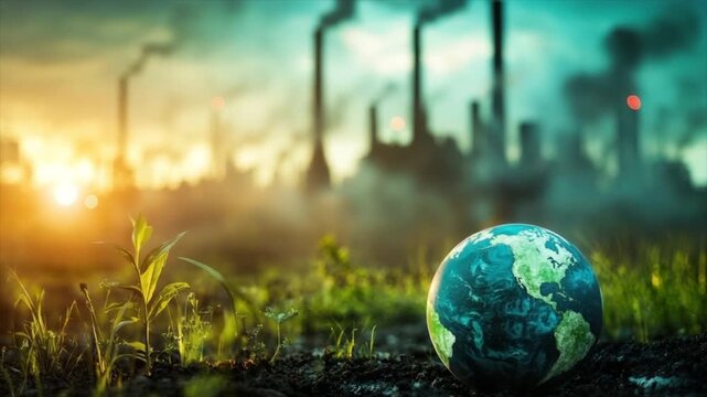 Earth globe on the polluted ground with factory smokestacks at the background at sunset. Environmental pollution ecology concept