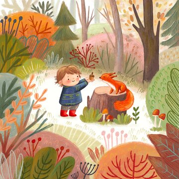 Cute children autumn illustration with a toddler feeding a squirrel