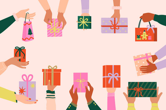 Hands holding colorful gifts and presents