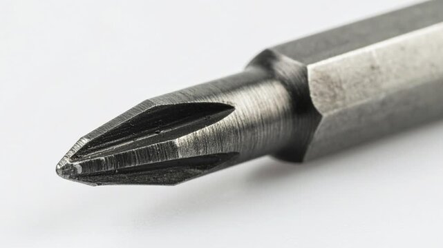 Phillips head screwdriver bit with a cross-shaped tip, close-up metal tool for turning screws