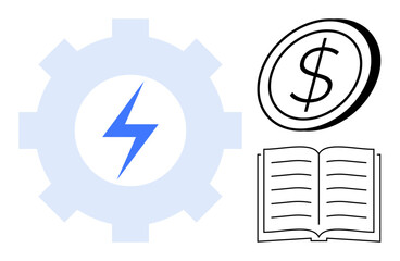 Gear with lightning bolt signifies energy and innovation, dollar coin suggests wealth and economy, and open book symbolizes knowledge and learning. Ideal for education, economy, energy, innovation