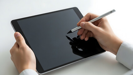 Close up of a persons hands holding a digital tablet and a stylus pen.