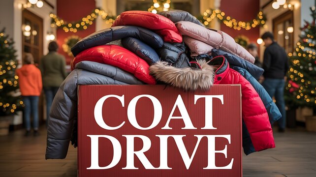 Warm winter coats piled high in a donation box for a community coat drive during the holiday season